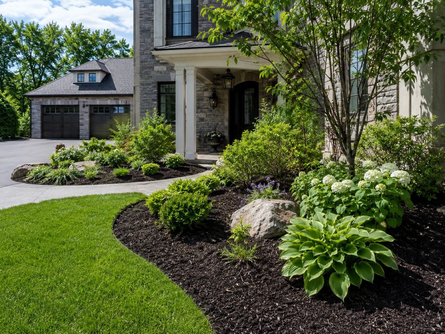 Fresh mulch and maintained flowerbed