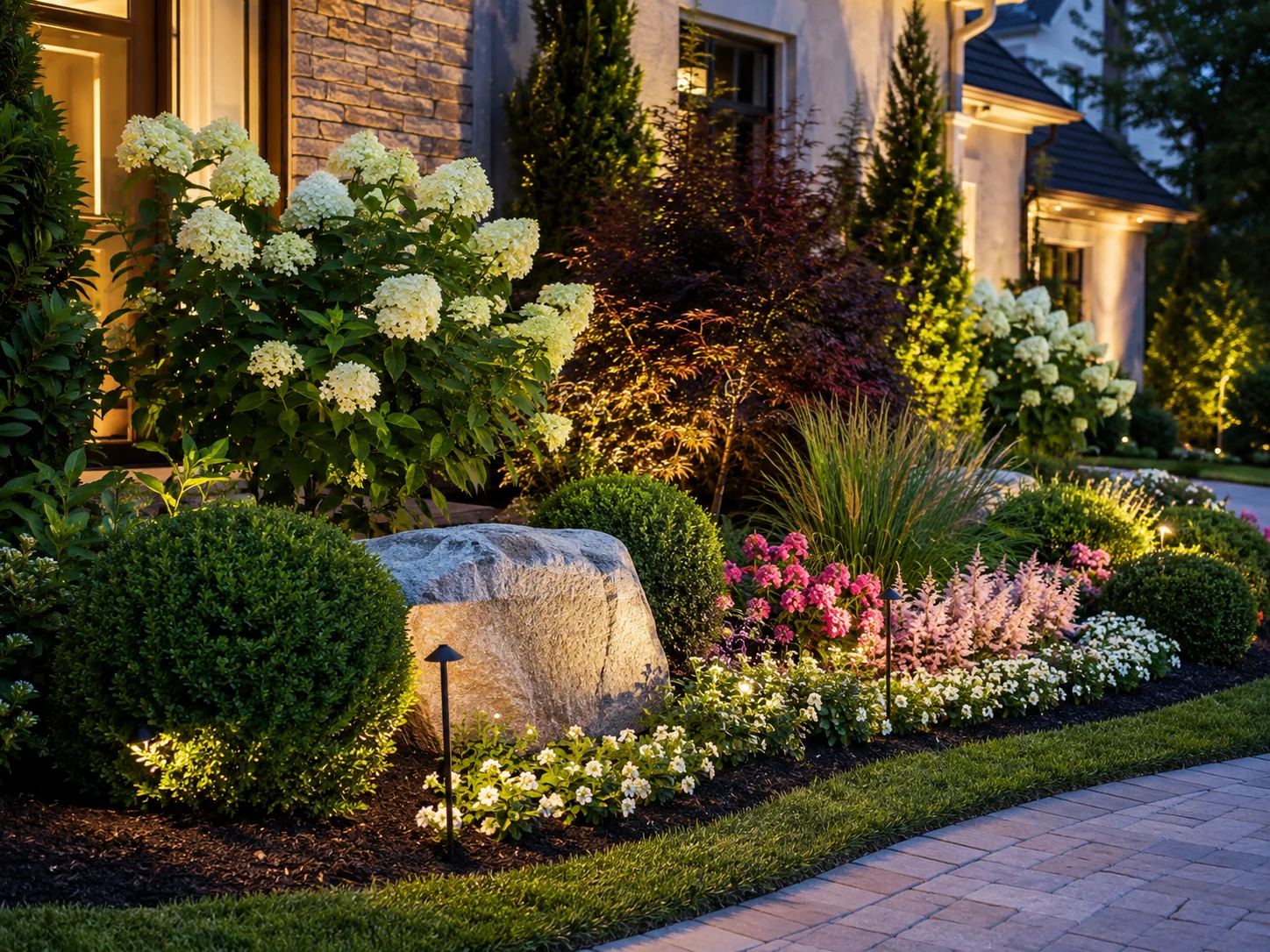 Lighted landscape bed with flowers and shrubs