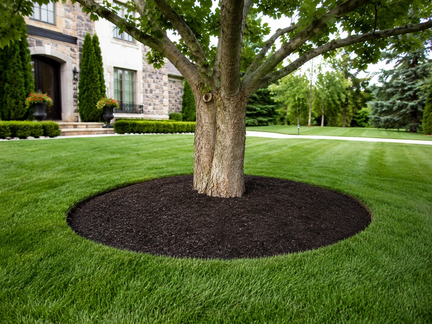 Clean tree ring mulch around a manicured lawn